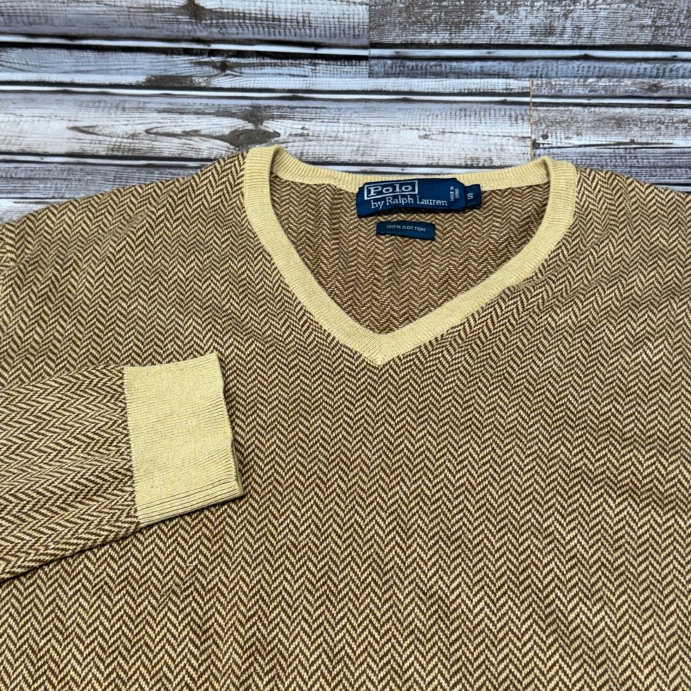 Polo Ralph Lauren V-Neck Sweater Mens Small Brown Herringbone Knit 100% Cotton